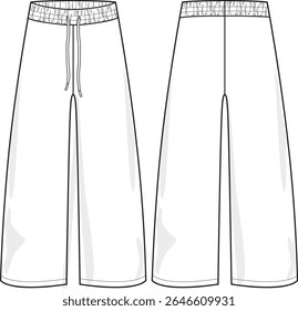 Men Wide leg pull on jogger with elasticated waistband, high-waisted, drawcord at waistband, front and back sketch, illustration vectors