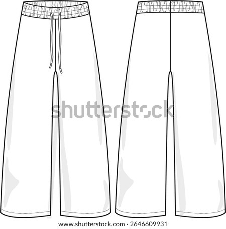 Men Wide leg pull on jogger with elasticated waistband, high-waisted, drawcord at waistband, front and back sketch, illustration vectors