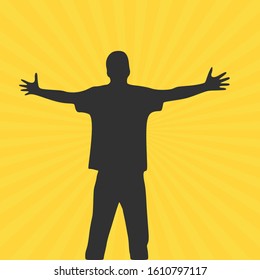 Men with wide open hands with palm extended silhouette. Stock Vector illustration isolated on yellow background.