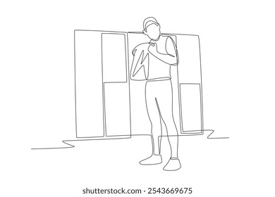 Los hombres se cambian de ropa frente a las taquillas del gimnasio. Concepto de casillero de gimnasio dibujo de una línea