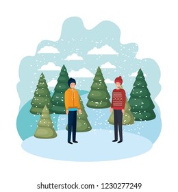 men with winter clothes and winter pine trees avatar character