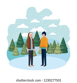 men with winter clothes and winter pine trees avatar character