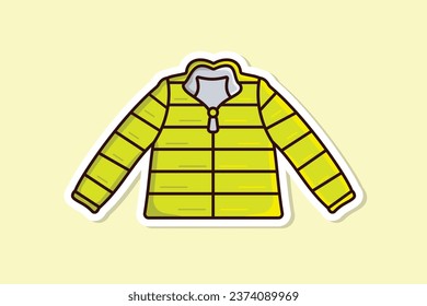 Men Winter Jacket Sticker vector illustration. Fashion object icon concept. Green winter zipped down jacket sticker vector design with shadow. Boys wear puffer jacket icon logo.
