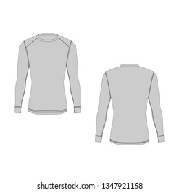 Men winter thermal underwear. Isolated male sport rash guard apparel. Front and back views. Blank templates of long sleeve t-shirt. Sample technical illustration.