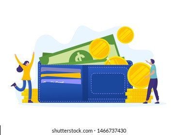 Men And Woman With Big Wallet And Stack Of Coin, Online Payment, E Transfer Digital Wallet Vector Illustration Concept, Can Use For, Landing Page, Template, Ui, Web, Homepage, Poster, Banner, Flyer