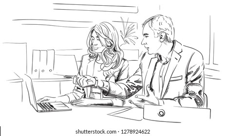 Men and woman business talking in the office Vector. Storyboard digital template. Sketch style line arts