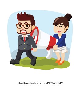 men and woman carrying giant megaphone
