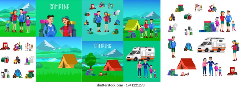 Men and woman character camping tourists. Camping Weekend icons. Hiking and camping object. Vector camping flat illustration