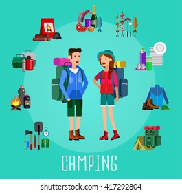 Men and woman character camping tourists. Weekend icons. Hiking object.