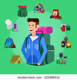 Men and woman character camping tourists.Camping and barbecue object. Weekend and party and picnic icons. Hiking. Vector camp tableware