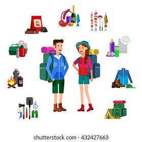 Men and woman character tourists. Camping and barbecue object. Weekend and party and picnic icons. Hiking. Vector camp tableware