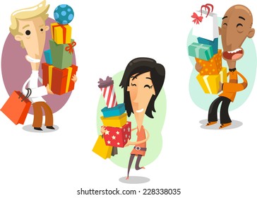 Men and Woman Christmas Presents Gift Packages Boxes, vector illustration cartoon.