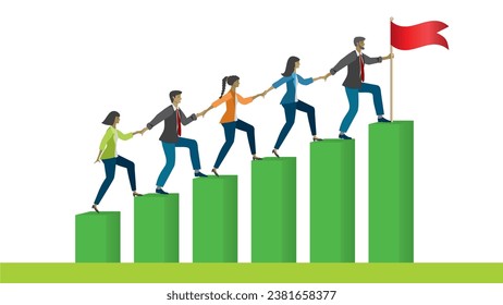 Men and woman climing up to goal and helping each other. Isolated. Vector illustration.