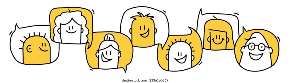 Men and woman communication, talking illustration, speech bubbles. Stick figure. Doodle style. Vector illustration.