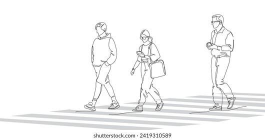 Men and woman crossing road with pedestrian zebra way. Single line drawing. Hand drawn vector illustration in line art style.