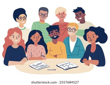 Men and woman of different nationalities sitting at desk. Business successful teamwork concept.  Group therapy, personal growth training, brainstorming meeting, negotiation, conference. vector.