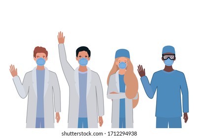 Men and woman doctor with uniforms and masks design of Medical care health emergency aid exam clinic and patient theme Vector illustration