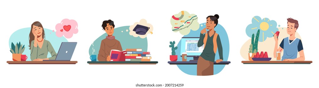 Men, woman dreaming of love, graduation, summer, sales growth. Dreamy persons think about future romantic relationship, education achievement, business success. Dreams set flat vector illustration