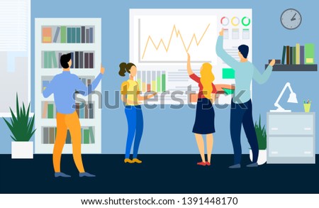 Men and Woman Explore Diagram and Graph. Office Workers Discuss Business Plan. Business Meeting. Vector Illustration. Graph and Chart. Teamwork in Office. Business Partnership. Achieving Goal.