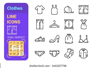 Men and woman fashion pack of clothes icons set vector illustration. Collection of shirt ,trousers, heels, sneaker, dress, bra, cap ,socks and underwear flat style. Isolated on white  