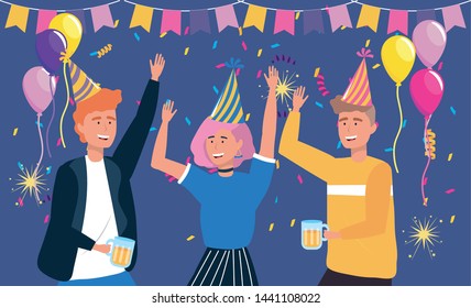 men and woman with hat and confetti decoration