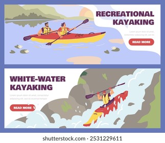 Men and a woman kayaking down the river and on the lake. This set of vector illustrations captures the essence of summer outdoor recreation and adventure.