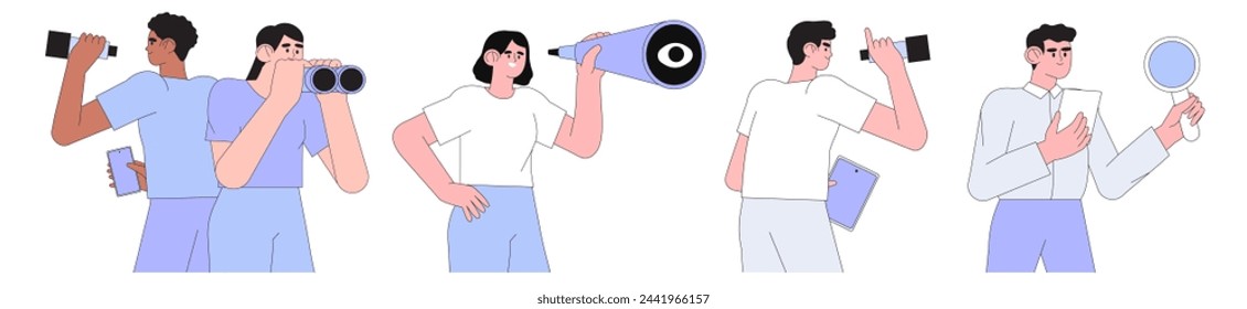 Men and woman look through binoculars, loupe and magnifying glass set or collection. Business metaphore for search or research, development, seo, web surfing. Trendy outline characters for web design.