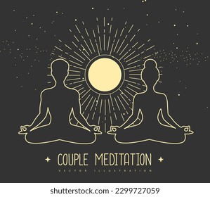 Men and woman meditating silhouettes with rising Sun. Couple meditation. Vector illustration