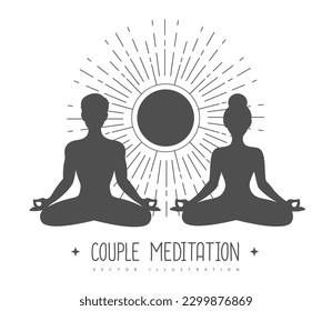 Men and woman meditating silhouettes with rising Sun. Couple meditation. Vector illustration