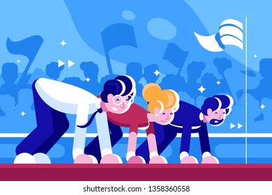 Men and woman on low start vector illustration. Business people in suits getting ready to beginning the race flat style design. Biz leadership and teamwork concept