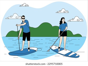 Men and woman are paddling on a SUP boards on a large river. Stand up paddle boarding - awesome active recreation in nature. lake sup surfing under amazing dark sunset sky with three people