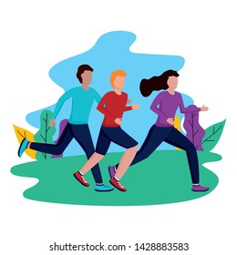 men and woman park running activity vector illustration
