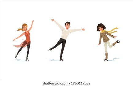 Men and Woman Performing on Rink and Playing Sports Set, Figure Skating People Training on Ice, Winter Sport Activity Concept Cartoon Vector Illustration