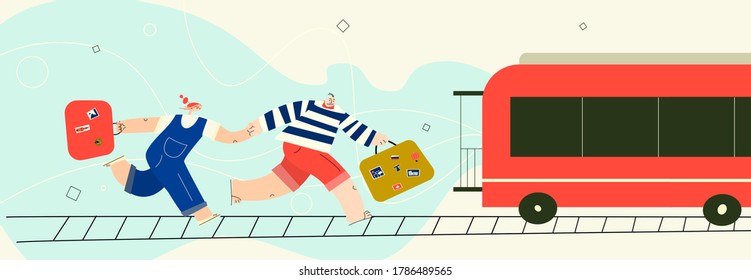 Men And Woman Running After Train With Their Suitcases. Vector Illustration. Horizontal Banner