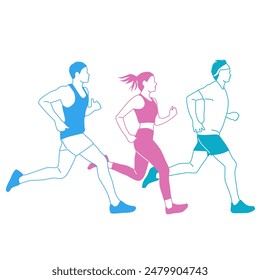 Men and woman running, different colors, cartoon characters, people silhouettes, flat icon design concept, hand drawn vector illustration isolated on white background