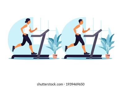 Men and woman running on a treadmill at home. Healthy lifestyle concept. Sport training. Fitness. Vector illustration. Flat.