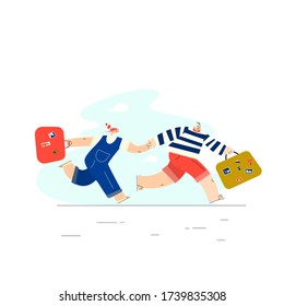 Men and woman running toghether this suitcases. Hurring couple. Vector illustration , isolated on white background