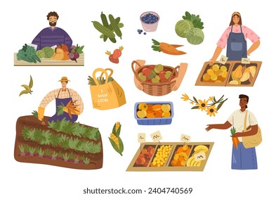 Men and woman selling on market, farmers working on field harvesting products. Vector isolated vendor with fruits, buyer selecting fruits or veggies from box. Tote bag with organic production