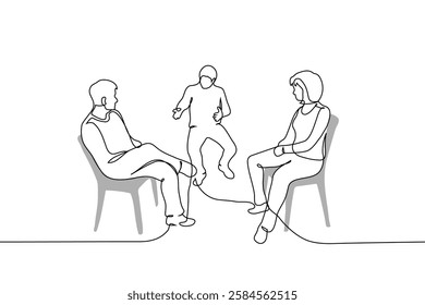 men and woman sitting on chairs opposite each other, conversation - one line art vector