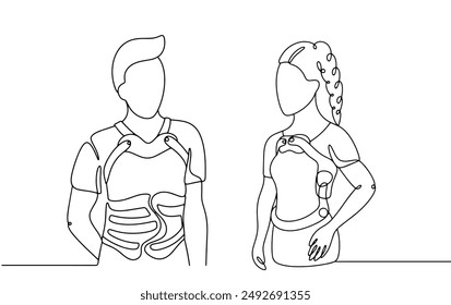 Men and woman with a spinal fracture. People wearing a special medical corset to ease the load on the back and stabilize the vertebrae. Treatment of a spinal fracture. Vector illustration.