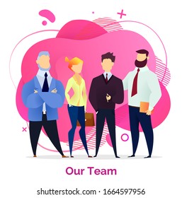 Men and woman stand together, presentation of managers team. Colleagues work on project in business company. People, coworkers in suits on meeting. Vector illustration of cooperation in flat style