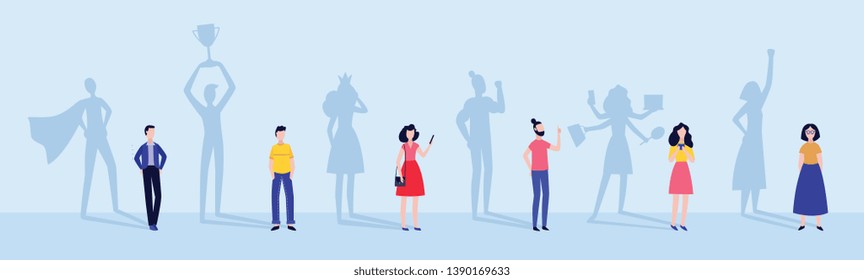 Men and woman with superhero and successful people shadows the symbol of ambition and motivation banner in flat style vector illustration. Career and super power concept.