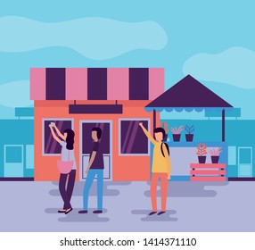 men and woman taking selfie street activities outdoors vector illustration