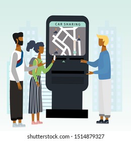 Men and woman talking how to  mobile app of online car service. Map and geo tags. City landscape. Carsharing concept for banner, background, web, mobile application, poster. Vector illustration. 