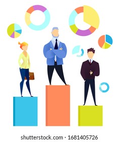 Men and woman, team of managers stand on data chart. Diagram with data segments above people. Business company, colleagues work on project together. Vector illustration of cooperation in flat style