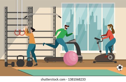 Men and Woman Training in Fitness Club Doing Sport Going in for Athletics in Gym Flat Vector Illustration Good Shape Workout Treadmill Exercise Bike Dumbbells Pull-up Motivation Cartoon Banner