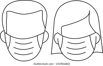 Men and woman use mask in icon or line art