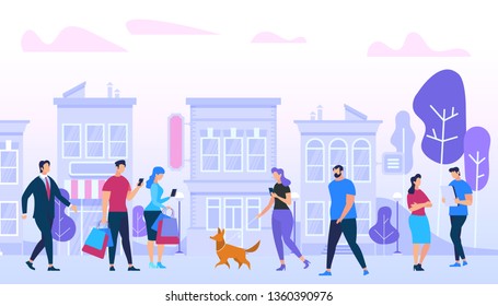 Men and Woman Walking, Meeting Friends, Communicating, Using Gadgets, Walk with Dogs, Talking, Relaxing on Urban Buildings Background. Active People Lifestyle in City. Cartoon Flat Vector Illustration Men and Woman Walking, Meeting Friends, Communicating, Using Gadgets, Walk with Dogs, Talking, Relaxing on Urban Buildings Background. Active People Lifestyle in City. Cartoon Flat Vector Illustration