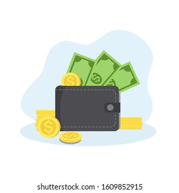 Men or woman wallets with money shopping. Purse with cash and stack of coins. Business and finance symbol vector illustration on white background.