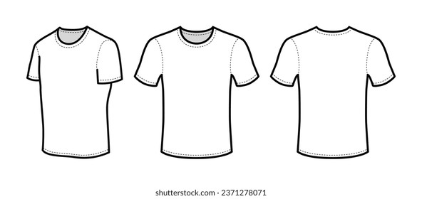 Plantilla vectorial de camiseta blanca para hombres (tres vistas) burla aislada en fondo blanco.